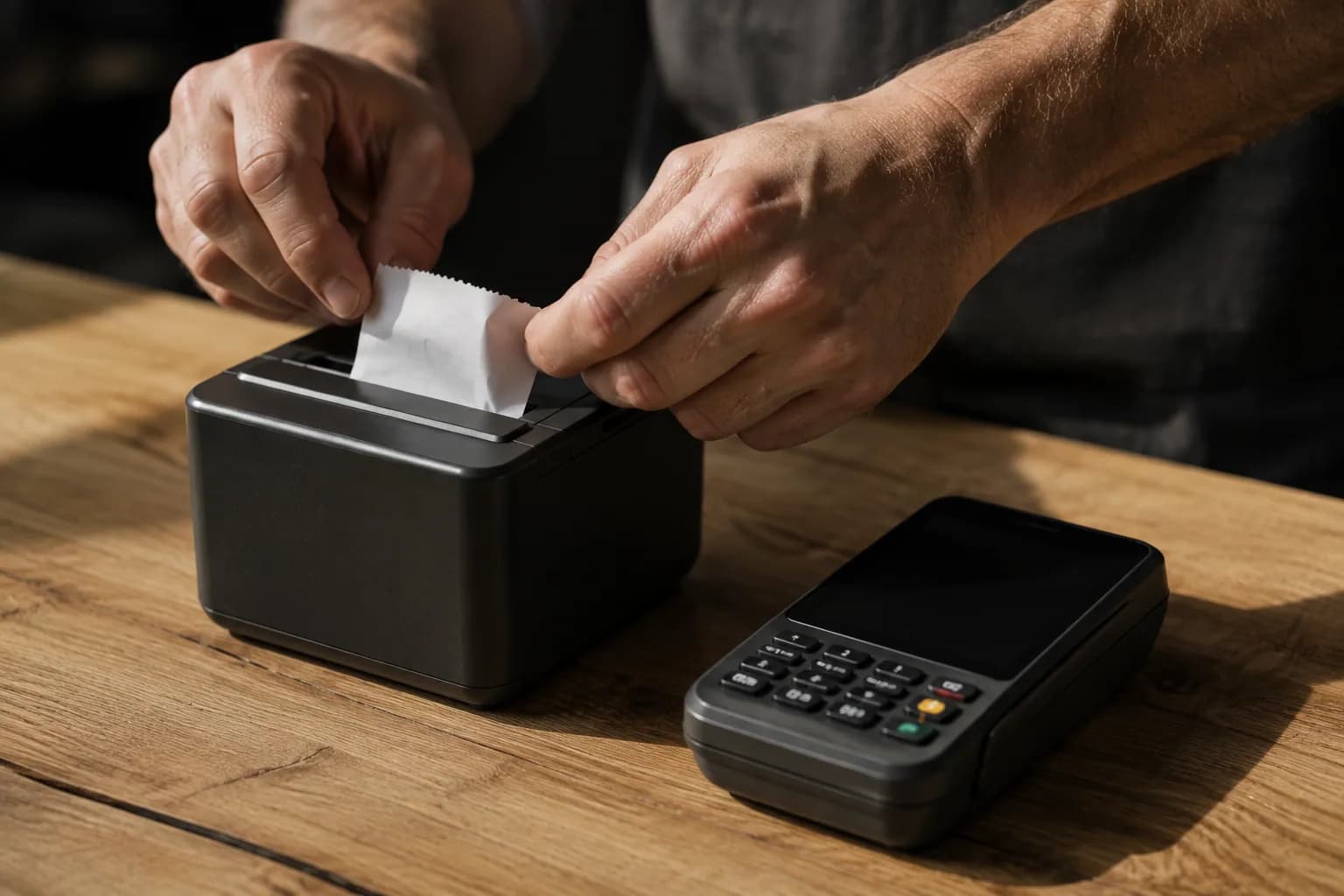 Hände reißen einen Bon vom Thermodrucker, daneben ein Kartenterminal auf Eichenholz