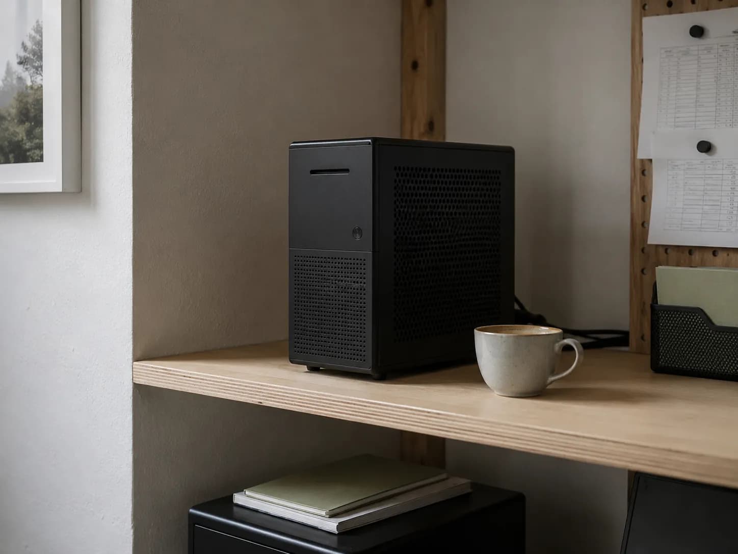 Kleiner schwarzer Rechner auf einem Regal im Backoffice, daneben eine Tasse